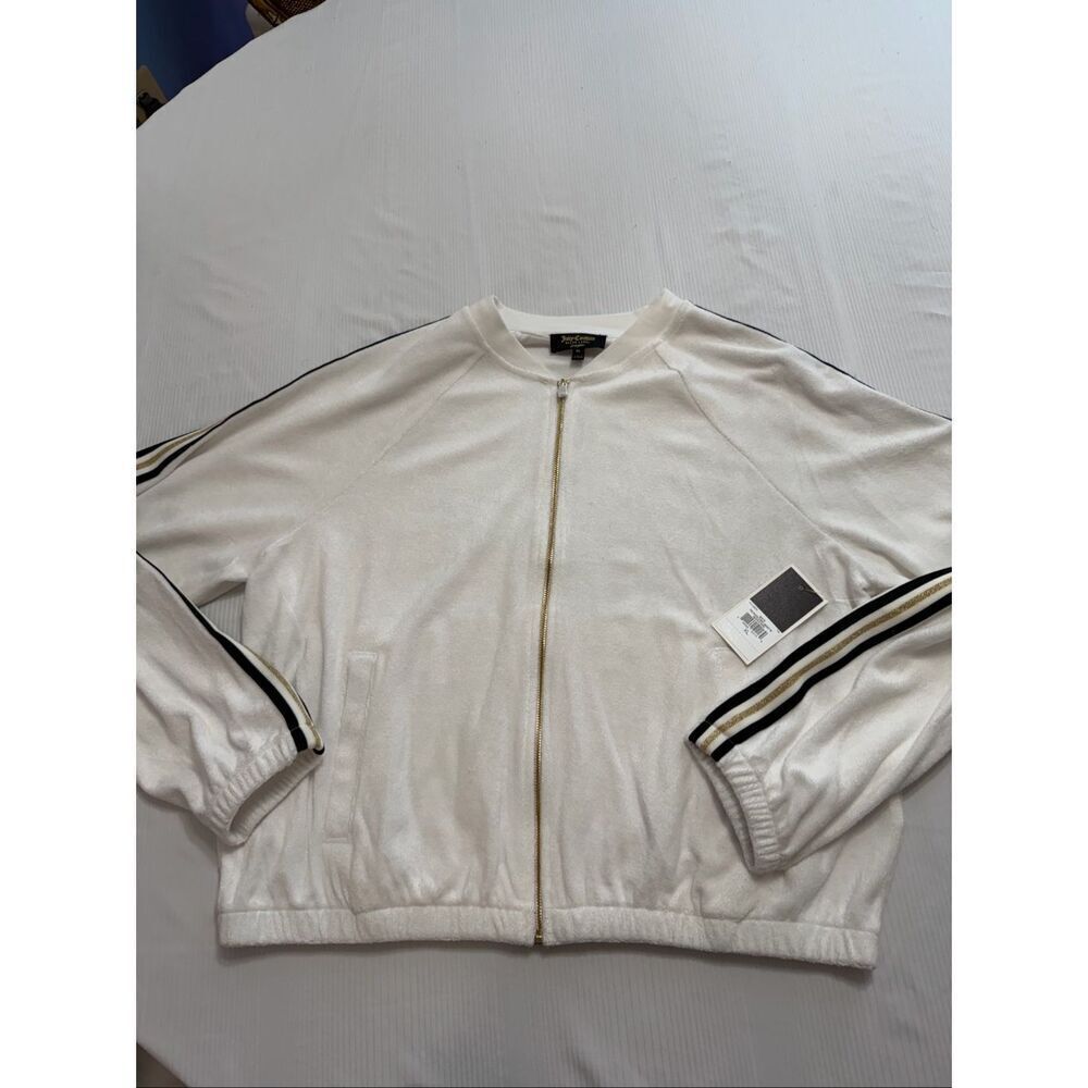 NWT Juicy Couture Black Label Microterry Racer Stripe White Jacket Size XL New